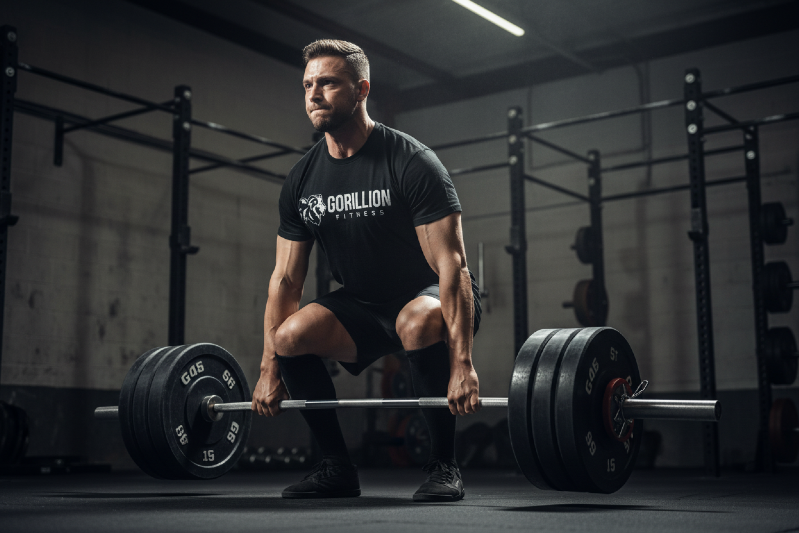 Home muscular guy deadlifting in gorillion fitness tee